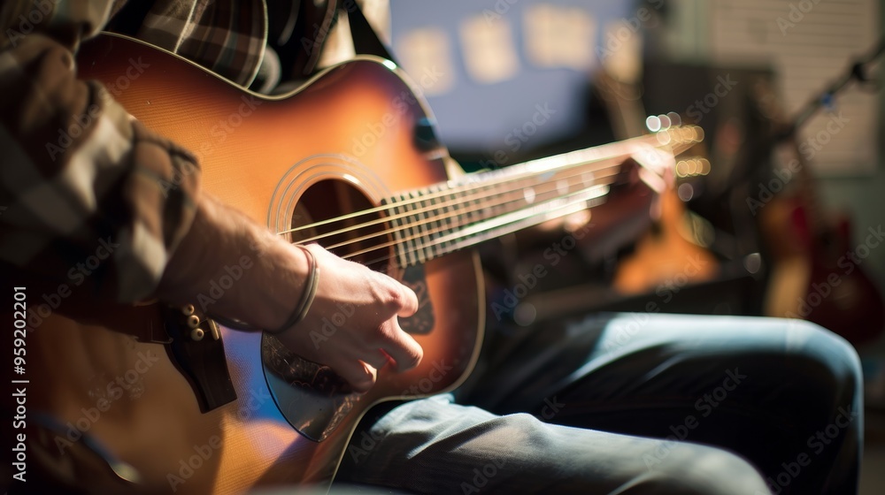 Fototapeta premium A man is playing a guitar in a room with a blue background