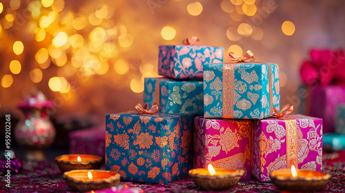 Colorful gift boxes with diya and golden bokeh background, diwali gift concpet  photo