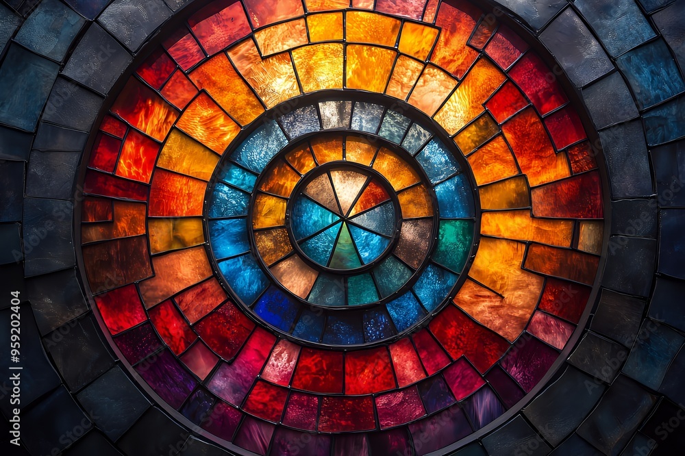 Fototapeta premium Colorful stained glass window in circular pattern.