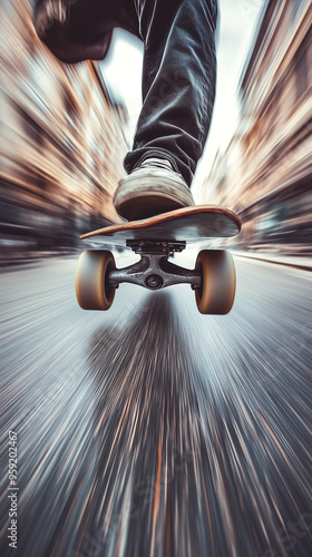 High speed skateboard ride motion blur urban city street dynamic action adrenaline fast wheels extreme sports zooming closeup photo