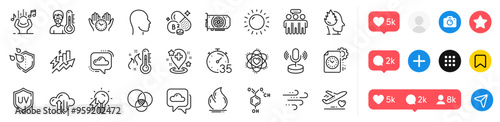 Noise, Cloud communication and Medical flight line icons pack. Social media icons. Safe time, Stress, Sunny weather web icon. Chemical formula, Electricity bulb, Head pictogram. Vector