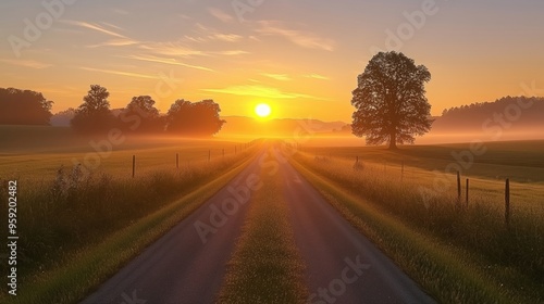 Scenic Sunrise View Along a Misty Countryside Road