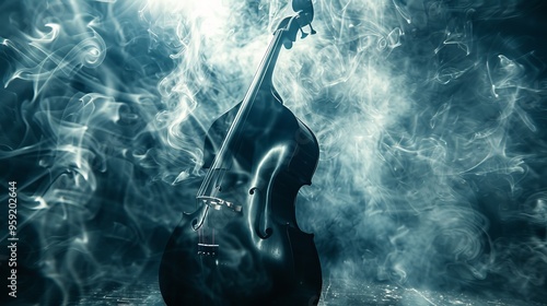 A black cello is surrounded by smoke
