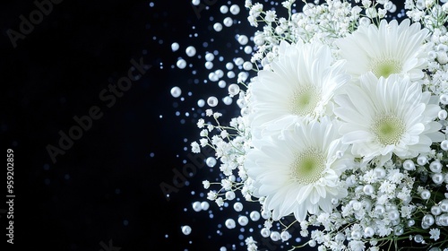  A black background featuring white flowers and baby's breath, adorned with water droplets on the petals