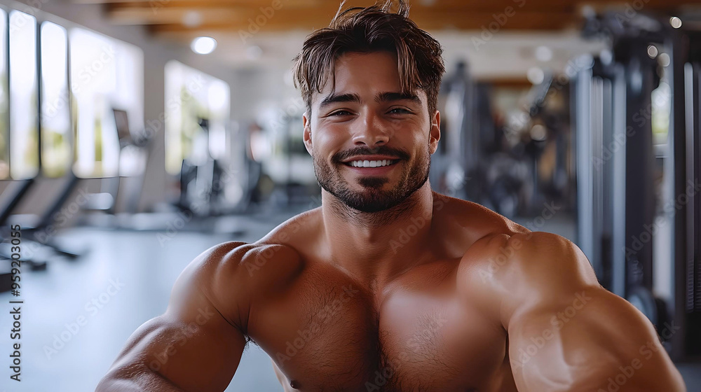 A muscular man smiling confidently in a gym, symbolizing fitness, bodybuilding, and a healthy lifestyle in a workout environment.
A muscular man smiling confidently in a gym, symbolizing fitness, bodybuilding, and a healthy lifestyle in a workout environment.