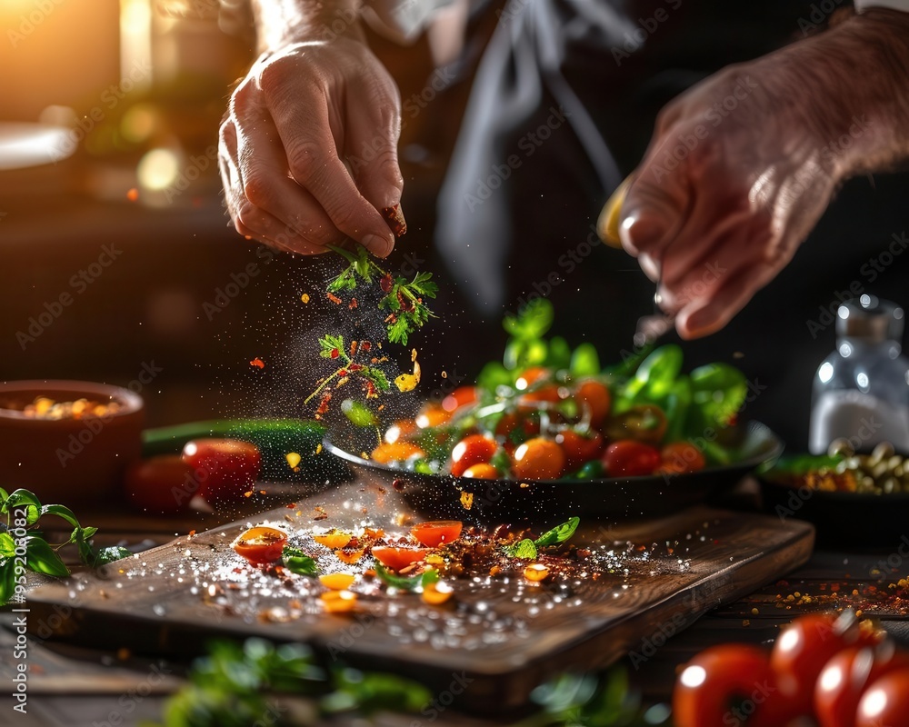 Obraz premium Cooking class with fresh ingredients, dynamic and educational, Culinary, Bright hues, Photograph, Culinary learning