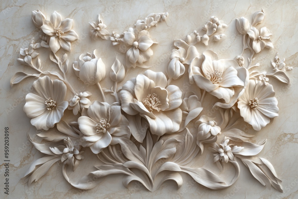 This stunning 3D floral basrelief design showcases intricate craftsmanship and presents a vintage aesthetic, characterized by captivating and soft, elegant white tones that transform any space This stunning 3D floral basrelief design showcases intricate craftsmanship and presents a vintage aesthetic, characterized by captivating and soft, elegant white tones that transform any space