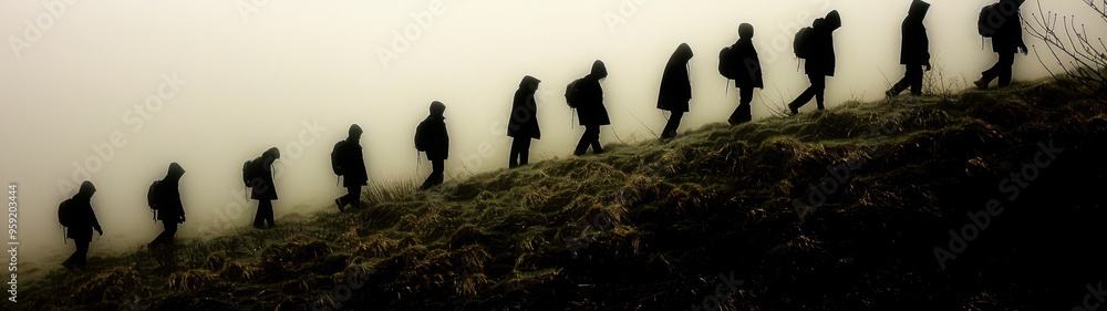 A group of hikers' silhouettes climb a grassy hill in a foggy landscape, captured from a low-angle side view in an ultra-wide shot A group of hikers' silhouettes climb a grassy hill in a foggy landscape, captured from a low-angle side view in an ultra-wide shot