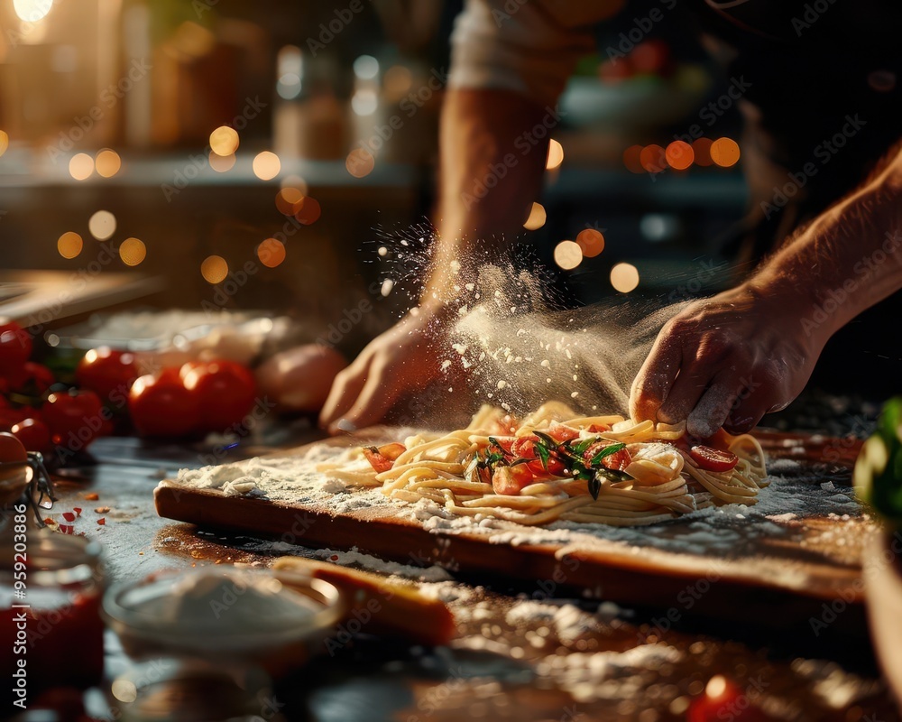 Fototapeta premium Pasta making in a rustic kitchen, fresh and inviting, Culinary, Warm tones, Photograph, Italian cuisine