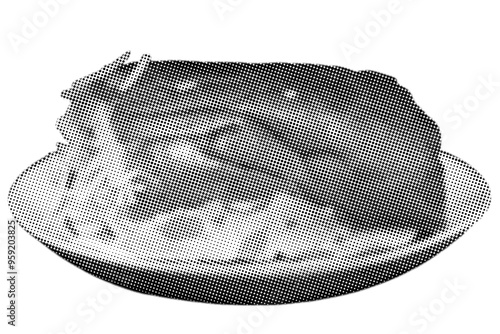 close up bread with cheese on plate pixelate color halftone dotted texture style collage element