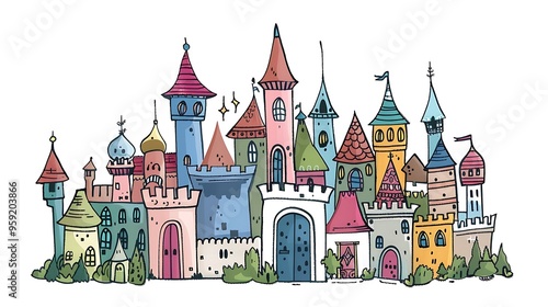 Whimsical fairy tale castle Line Illustration isolated on solid white background. 32k, full ultra HD, high resolution