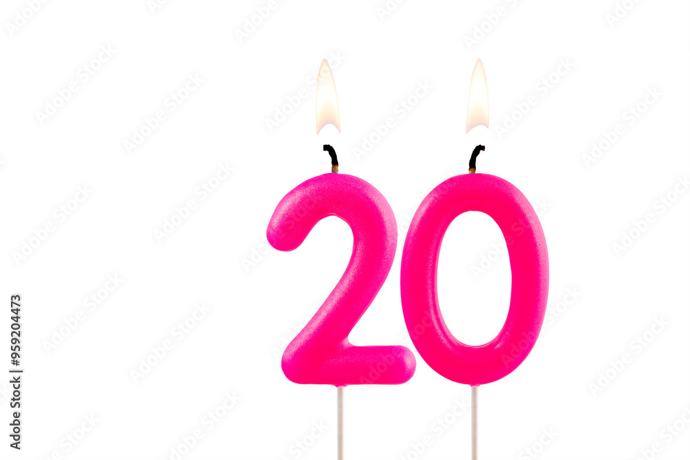 Pink number 20 birthday candle on white background Pink number 20 birthday candle on white background