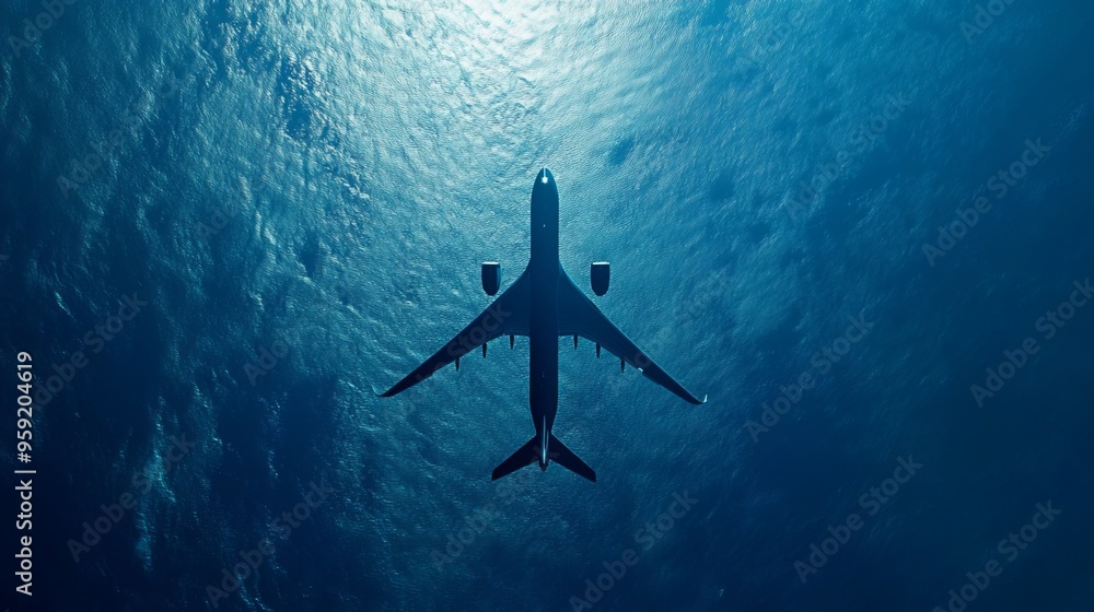 Obraz premium A majestic airplane gracefully soars through the cerulean expanse, its metallic body gleaming against the vibrant blue canvas of the sky. 