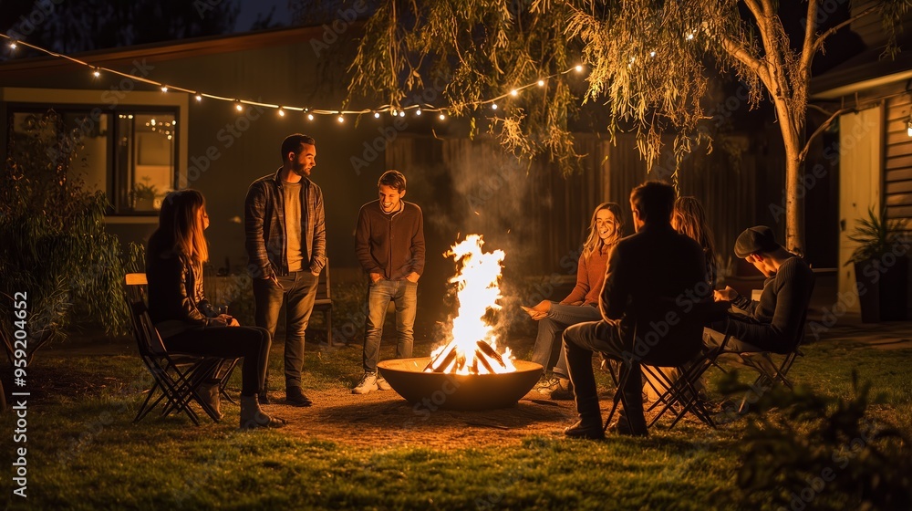 Friends gather around a warm campfire in a cozy backyard setting during a clear night under twinkling lights Friends gather around a warm campfire in a cozy backyard setting during a clear night under twinkling lights