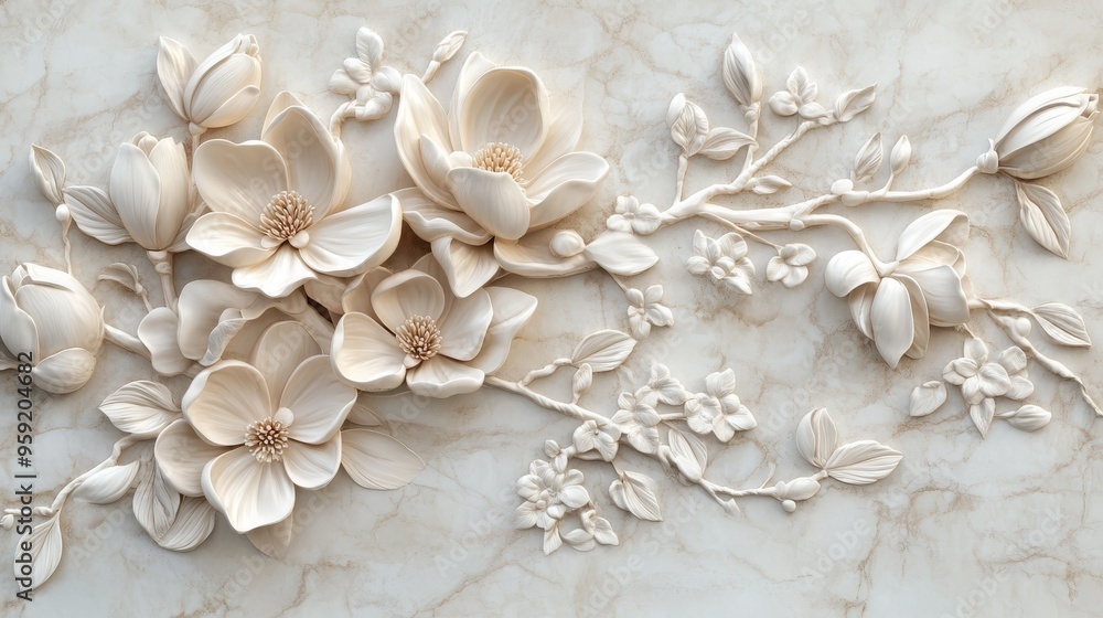 A beautifully crafted white basrelief sculpture, showcasing intricate floral designs, which effortlessly adds an air of elegance and sophistication to any given space, creating a serene atmosphere A beautifully crafted white basrelief sculpture, showcasing intricate floral designs, which effortlessly adds an air of elegance and sophistication to any given space, creating a serene atmosphere