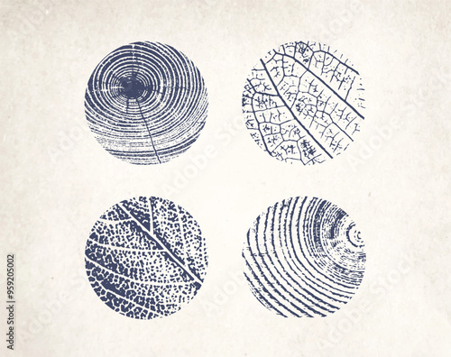Tree rings pattern and leaf art overlaying tan or beige paper texture. Detailed outlines of botanical species of tree and leaves.