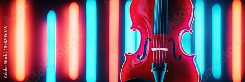 A red violin is the main focus of the image, surrounded by colorful lights