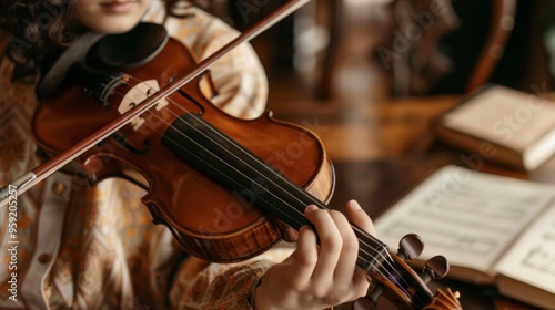 A young woman is playing the violin in front of a book