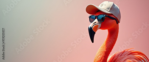 Flamingo wearing sunglasses and sport cap on a colored background, standing on the right side of the picture, realistic, realism, HQ and Detailed