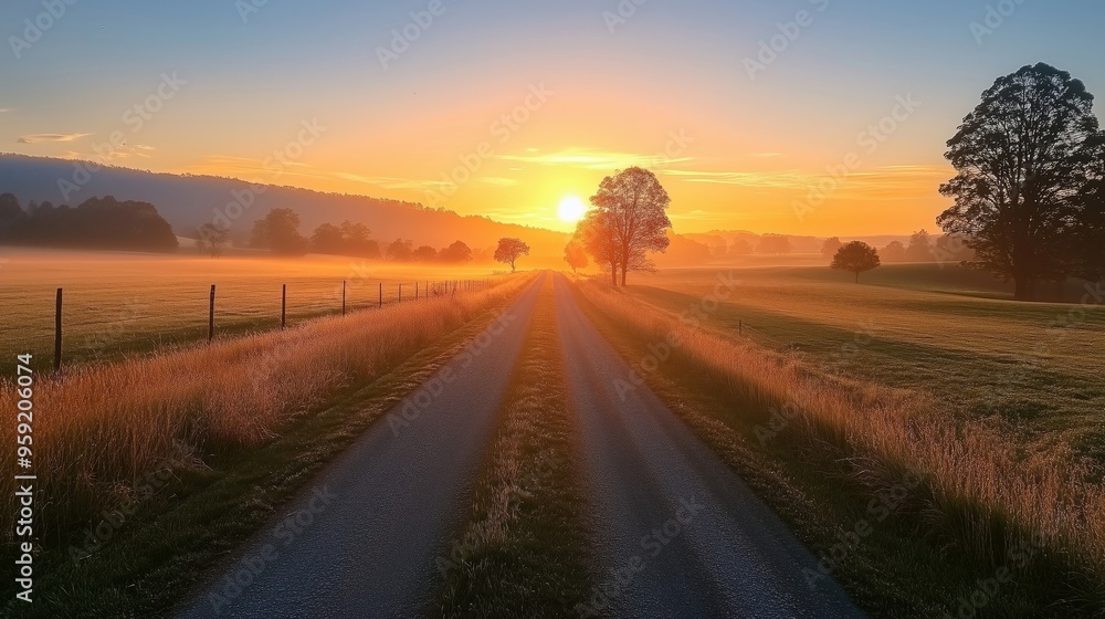 A Serene Sunrise Over a Foggy Country Landscape A Serene Sunrise Over a Foggy Country Landscape