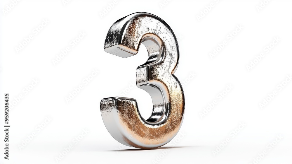 Gleaming Metallic Number Three: A Stunning Display of Modern Digital Artistry and Design Against a Crisp White Background Gleaming Metallic Number Three: A Stunning Display of Modern Digital Artistry and Design Against a Crisp White Background