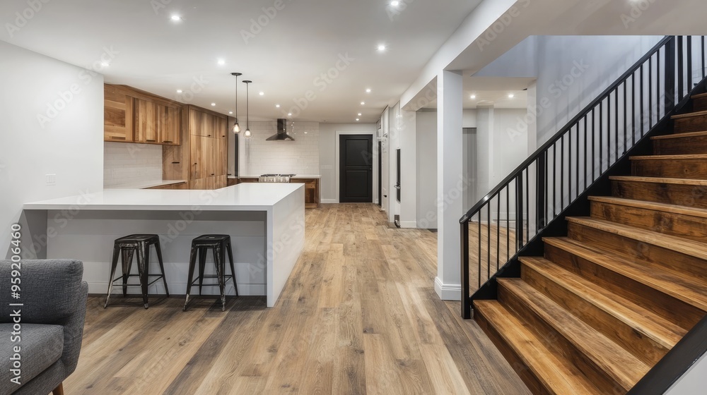 Explore this stunning contemporary basement renovation that boasts a spacious kitchen, an elegant staircase, and cozy decor. Its perfect for modern living and entertaining family and friends Explore this stunning contemporary basement renovation that boasts a spacious kitchen, an elegant staircase, and cozy decor. Its perfect for modern living and entertaining family and friends
