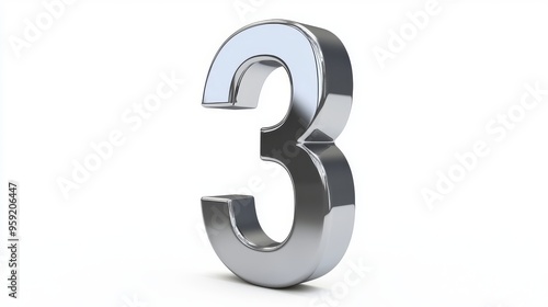 A Stunning, Reflective Number 3 Captured in High Definition, Showcasing Its Sleek Design Against a Pure White Background