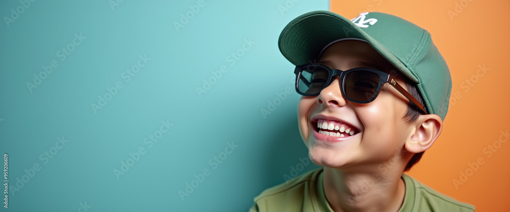Lebanese Kid wearing sunglasses and sport cap on a colored background, standing on the right side of the picture, realistic, realism, HQ and Detailed Lebanese Kid wearing sunglasses and sport cap on a colored background, standing on the right side of the picture, realistic, realism, HQ and Detailed