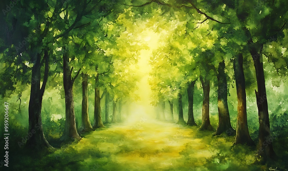 Sunlit Path Through a Lush Green Forest Sunlit Path Through a Lush Green Forest