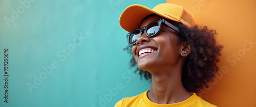 South African Girl wearing sunglasses and sport cap on a colored background, standing on the right side of the picture, realistic, realism, HQ and Detailed