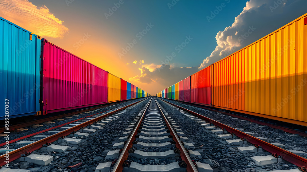 Fototapeta premium Colorful Cargo Containers on Railway Tracks at Sunset - Realistic Image