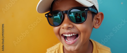 East Timorese Kid wearing sunglasses and sport cap on a colored background, standing on the right side of the picture, realistic, realism, HQ and Detailed photo