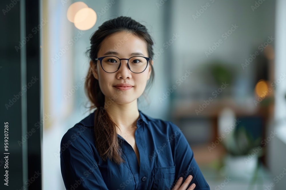 Confident young businesswoman in glasses, arms crossed and deep in thought in an office. Ambitious entrepreneur envisioning success for her startup Confident young businesswoman in glasses, arms crossed and deep in thought in an office. Ambitious entrepreneur envisioning success for her startup