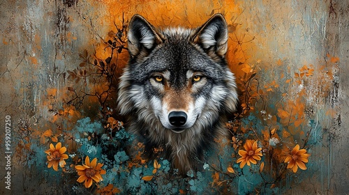  A wolf portrait, featuring a yellow floral crown and a rustic background photo