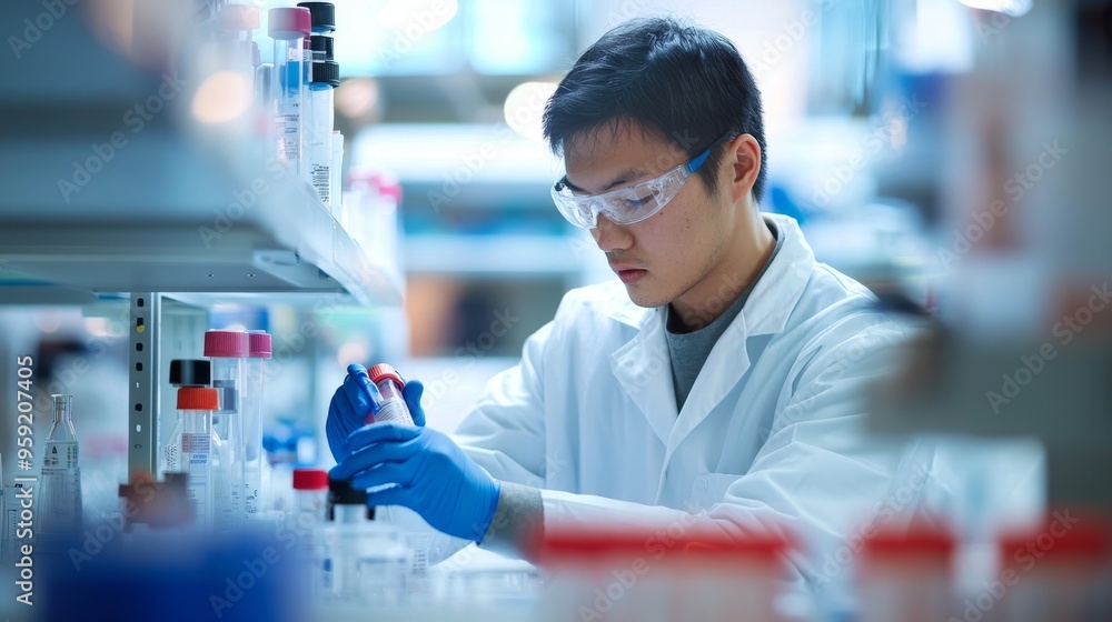 Dedicated Researcher Analyzing Samples in a Modern Laboratory Environment with Intense Concentration and Precision Instruments