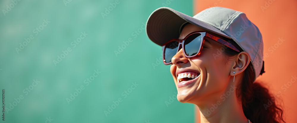 Libyan Woman wearing sunglasses and sport cap on a colored background, standing on the right side of the picture, realistic, realism, HQ and Detailed Libyan Woman wearing sunglasses and sport cap on a colored background, standing on the right side of the picture, realistic, realism, HQ and Detailed