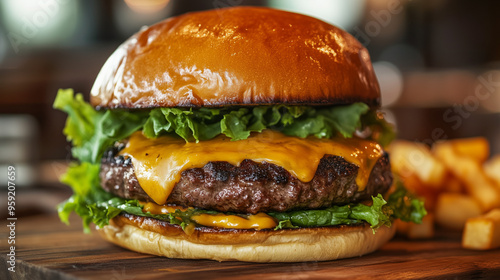 hamburger on a wooden table