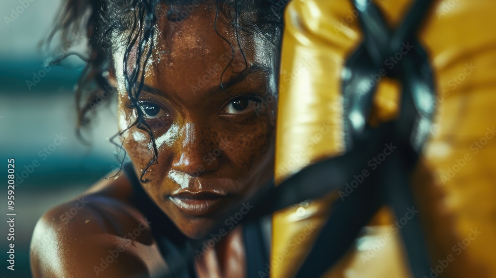 Woman engaged in boxing training for fitness and strength at the gym, focusing on exercise and self-defense skills while hitting a punching bag Woman engaged in boxing training for fitness and strength at the gym, focusing on exercise and self-defense skills while hitting a punching bag