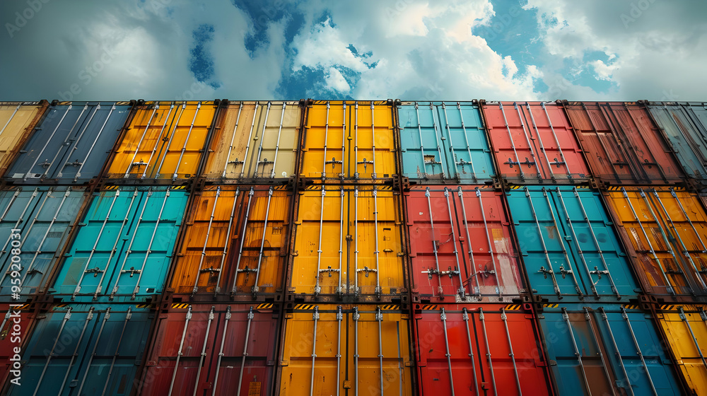 Fototapeta premium Stack of Colorful Shipping Containers with Cloudy Sky Photo