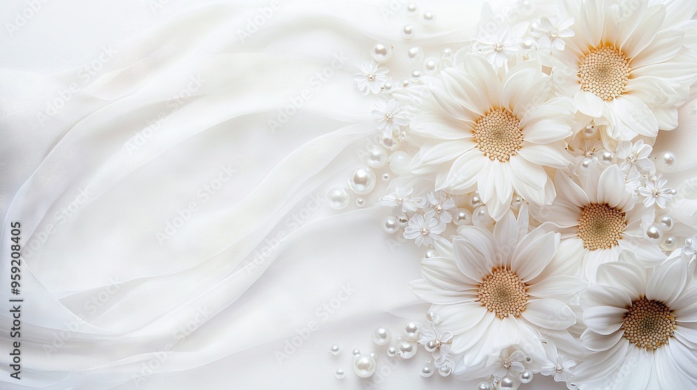 A group of white flowers resting atop a white cloth with pearls nestled within their petals A group of white flowers resting atop a white cloth with pearls nestled within their petals