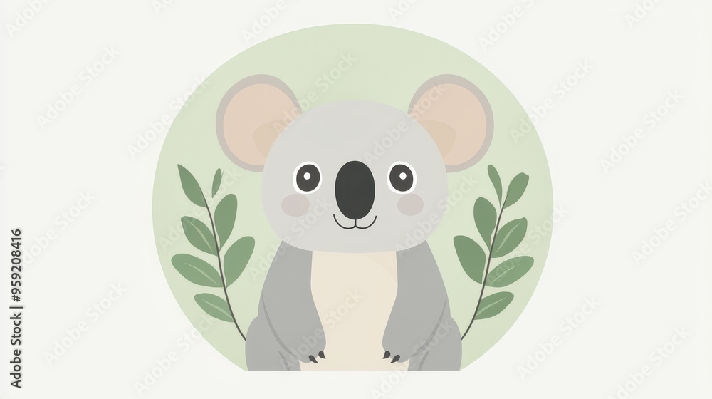 Naklejka premium Cute cartoon koala in circle frame with leaves