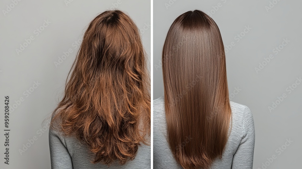 Fototapeta premium Before-and-after comparison of a woman's hair after receiving a hair treatment. The left side of the image shows the woman with frizzy, dry hair, while the right side shows the same woman