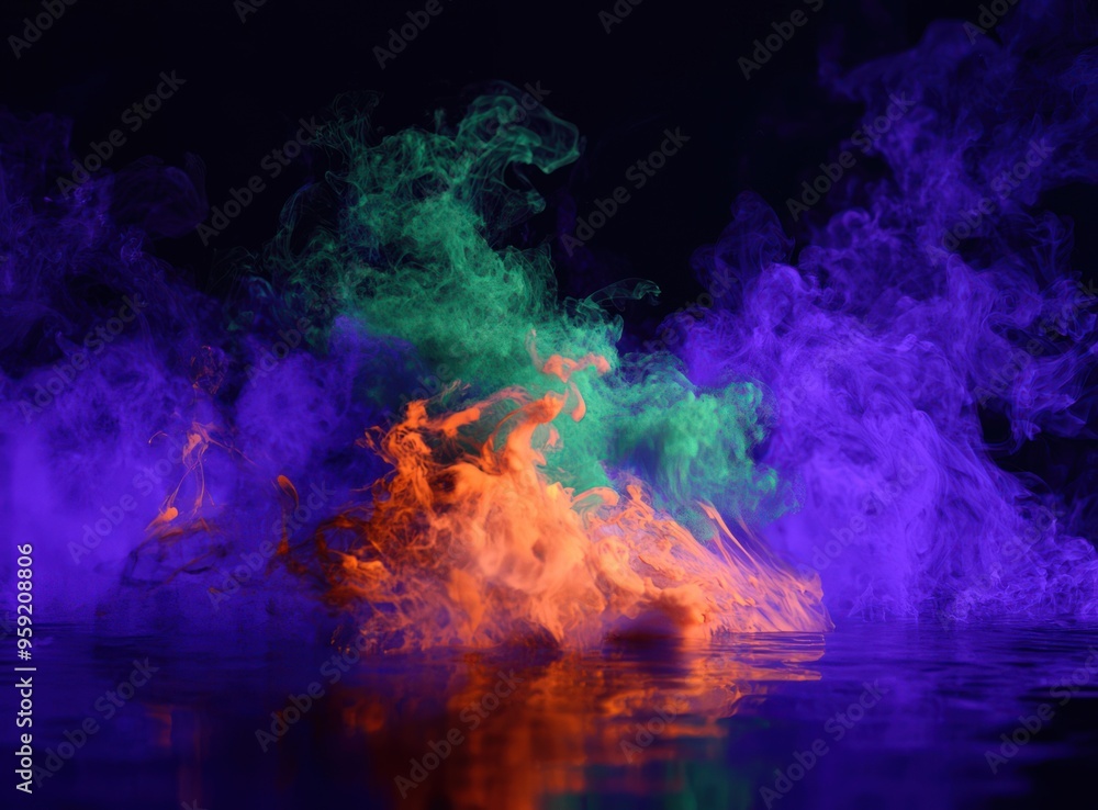 Abstract art with purple and green ink clouds on black, orange and blue smoke. Abstract art with purple and green ink clouds on black, orange and blue smoke.