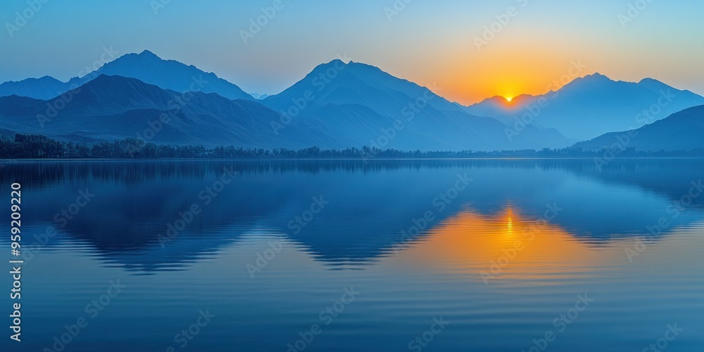 Mountain Range Reflected in Still Water at Sunrise Mountain Range Reflected in Still Water at Sunrise