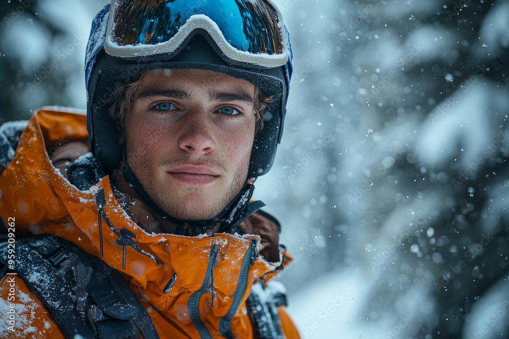 Young man in a ski helmet and goggles looks intensely into the camera as snow falls around him. Young man in a ski helmet and goggles looks intensely into the camera as snow falls around him.