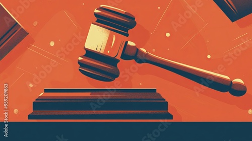 Courtroom proceedings and auction events are depicted with symbolic representations. A judge's gavel symbolizes legal decisions, while an auctioneer's hammer signifies the closing of bids.