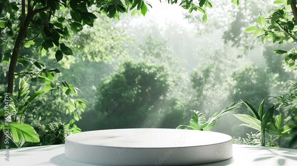A chic white podium set in a sleek 3D abstract minimal environment, with a lush green forest creating a tranquil, natural backdrop. A chic white podium set in a sleek 3D abstract minimal environment, with a lush green forest creating a tranquil, natural backdrop.