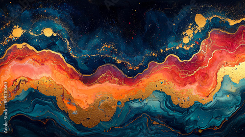 Abstract art with a swirling mix of blue, orange, red, and gold. The colors blend together creating a unique and interesting design. photo