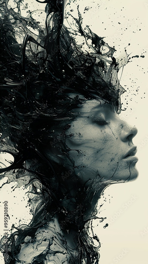 A woman's face with black liquid flowing around her, creating an abstract design. A woman's face with black liquid flowing around her, creating an abstract design.