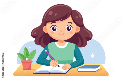 Cute brunette student girl sitting at desk writing in notebook